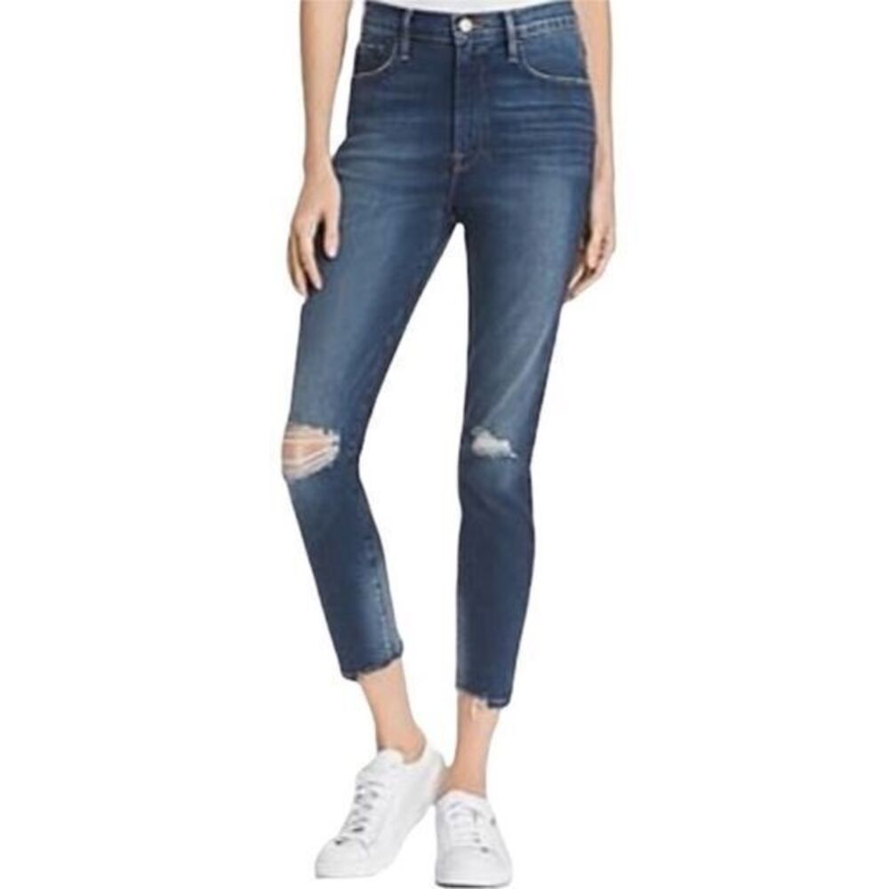 FRAME Denim Distressed Ali High Rise Cigarette Chewed Hem Jeans in Morrisly Wash